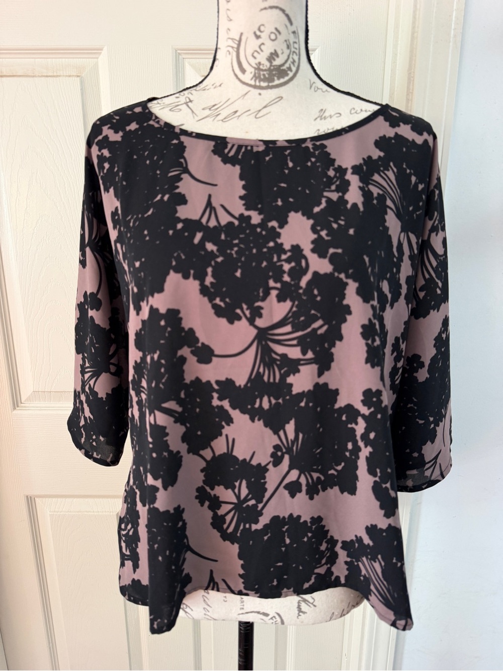 Anthropologie Mauve Blouse with Black Floral Overlay